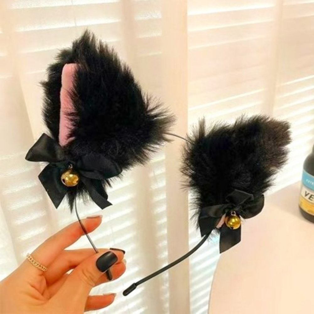 Girls / Women's Fuzzy Cat Ears on Pluh Headband Pink Accent and Bells